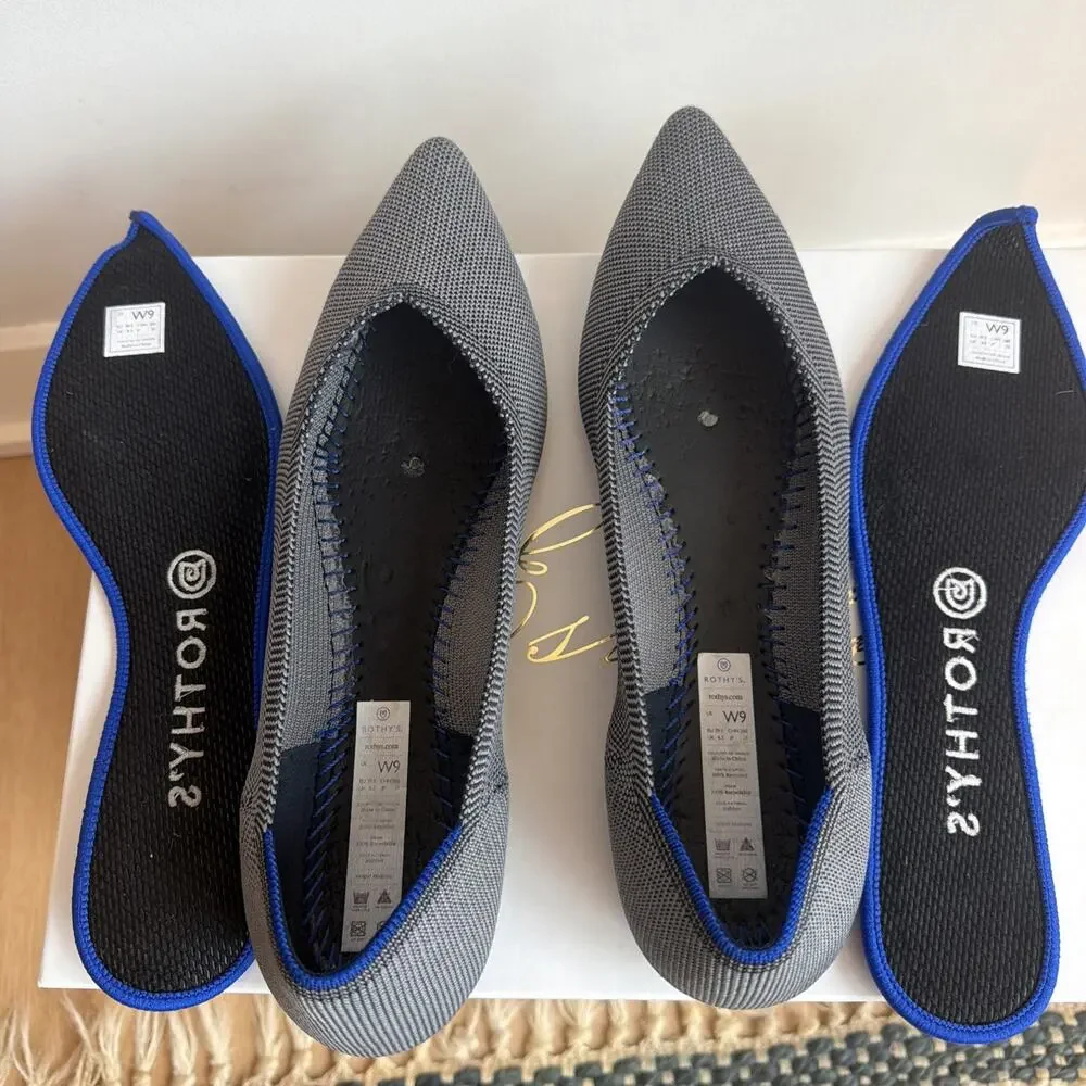 Rothy’s The Point Ballet Flats Gray Grey Herringbone Washable Knit Size 9 Work